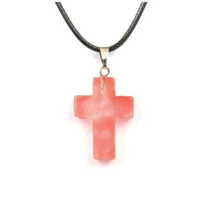 Collana Croce in pietra naturale colore rosa corallo