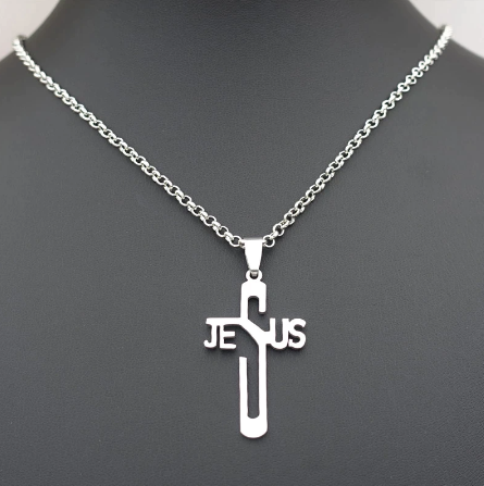 Collana in acciaio Jesus/Croce con maglia ad anelli